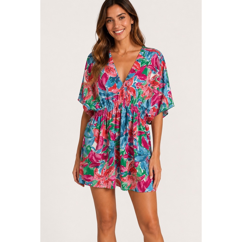 Entro Multicolor Floral Mini Dress V-Neck Smocked Waist Size Medium NWT